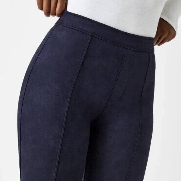 SPANX Faux Suede Flare Pants Pull On Stretchy Slimming Navy Blue Boho NWT - Picture 3 of 10